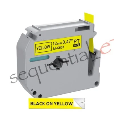 SEQUENTIAL Compatible M-K631 MK-631 MK631 BLACK on YELLOW 12mm x 8m for MK BROTHER P-TOUCH