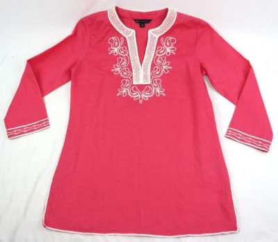 Brooks Brothers 女式 XS 刺绣亚麻束腰上衣印度制造亮粉色 — 第 1/4 张图片