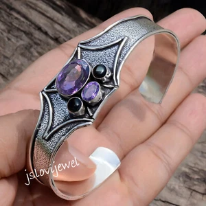Faceted Amethyst & Black Onyx Gemstone 925 Sterling Silver Big Bangle For Party - Picture 1 of 5