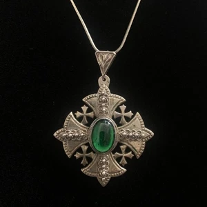 Jerusalem Kreuz Anhänger Sterlingsilber Halskette 24" Kette 900 Silber grüne Edelsteine - Bild 1 von 13