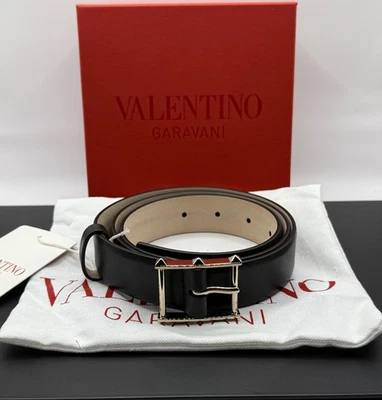 Valentino Rockstud Men's Silver Buckle Belt - Black Calf Leather - Sz. IT90 - Image 1 of 4
