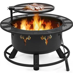 Round Wood Burning Fire Pit for Outdoor W/ Poker & Swivel Cooking Grate Black - Picture 1 of 12