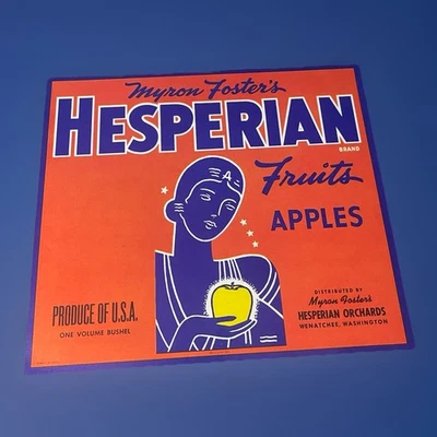 VINTAGE HESPERIAN APPLES WENATCHEE WASHINGTON ORIG FRUIT LABEL M Foster APPLE - Image 1 of 4