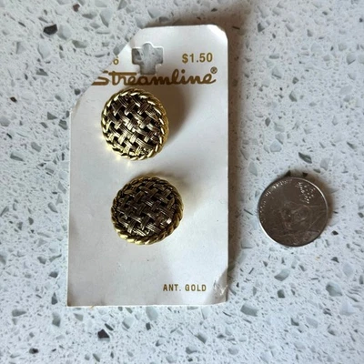2 1980s Vintage Streamline Antique Gold Domed Lattice Shank Buttons On Card 7/8" - Image 1 of 4