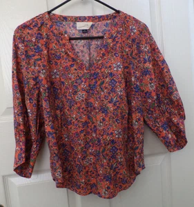 Universal Thread Cotton Floral Peasant 3/4 Puff Sleeve V-Neck Top Blouse Size M - Picture 1 of 8