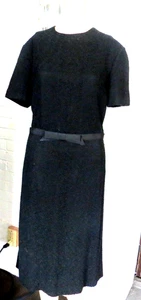 Vintage 60's Black Nubby Fabric Knit dress 40" bust M Belt snaps in back - Picture 1 of 6