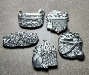 5 Longaberger Mini Baskets Pewter Refrigerator Magnets Apples Cat School Teacher - Picture 1 of 7