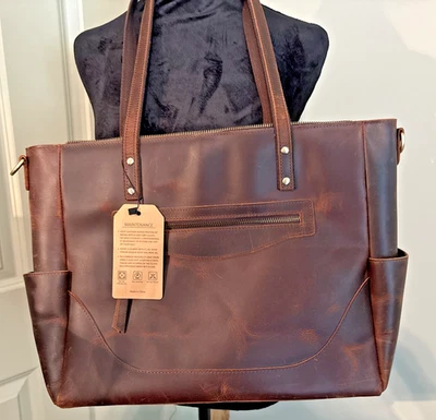 VTG S Zone Distressed Genuine Leather Tote/Shoulder/Laptop Bag, Brown NWT - Image 1 of 4