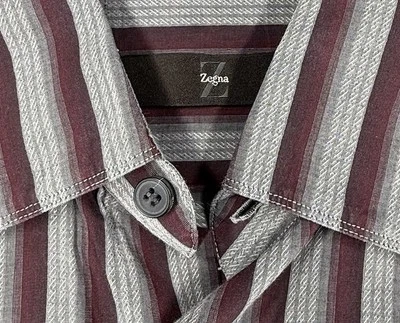 Camisa social Z Zegna listrada cinza roxo masculina média - Imagem 1 de 4