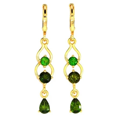 PENDIENTE NATURAL AAA VERDE CROMO DIOPSIDO PERA Y LATÓN REDONDO CHAPADO EN ORO AMARILLO Foto 1 de 4