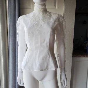 Helene Slidel Vintage 70s 60s White Blouse Sheer Sleeves Floral Embroidery - Picture 1 of 17