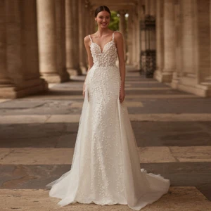 Luxury Mermaid Wedding Dresses Bride Spaghetti Straps Sweetheart Robe De Mariée - Picture 1 of 12