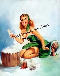 Vintage Pin-up Girl Bathing Her Dog - Vintage Kunstdruck - Bild 1 von 1