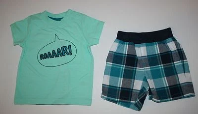 Nuevo Gymboree 3-6m Bebé Niños 2 Piezas Conjunto Verde ROAAAR! Pantalones cortos a cuadros  Foto 1 de 2