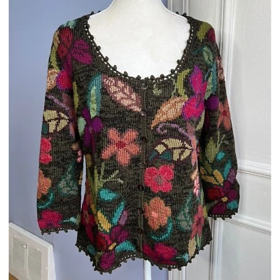 Peruvian Connection Floral Cardigan Sweater Handcrafted Art Bright Women's Large - Image 1 of 4