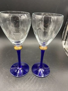 2 Romanian Hand Crafted Crystal Clear Wine Glass Cobalt & Gold Stem 8 1/4" EUC - Picture 1 of 3