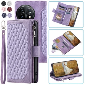 For OnePlus 12 Rhombic Wallet Case,Luxury Leather Zipper Flip Card Phone Case - Picture 1 of 44