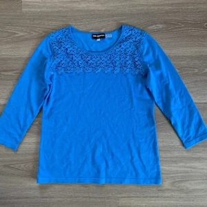 Karl Lagerfeld Lace Sweater 3/4 Sleeve Top Womens Medium Blue Knit Rayon Blend - Picture 1 of 8