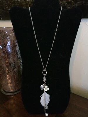 Pearl Clear Bead White Feather Rose Silver Tone Heart Hoop Chain Dangle Necklace - Image 1 of 4