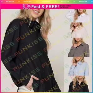 Womens Casual Collar Long Sleeve Linen Cotton Button Wide Stripe Blend Shirt Top - Picture 1 of 27