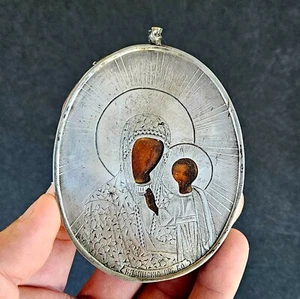 Antiguo icono ortodoxo de plata esterlina 84 imperial ruso del siglo XIX Virgen de Kazán - Imagen 1 de 9