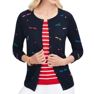Talbots Charming Embroidered French Oui Voila Blue Cardigan Sweater Petite Small - Picture 1 of 2