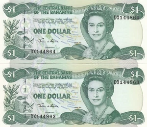 2002 Bahamas $1 Dollar Banknote - P70 - UNC - Lot of 2 Consecutive - Picture 1 of 2