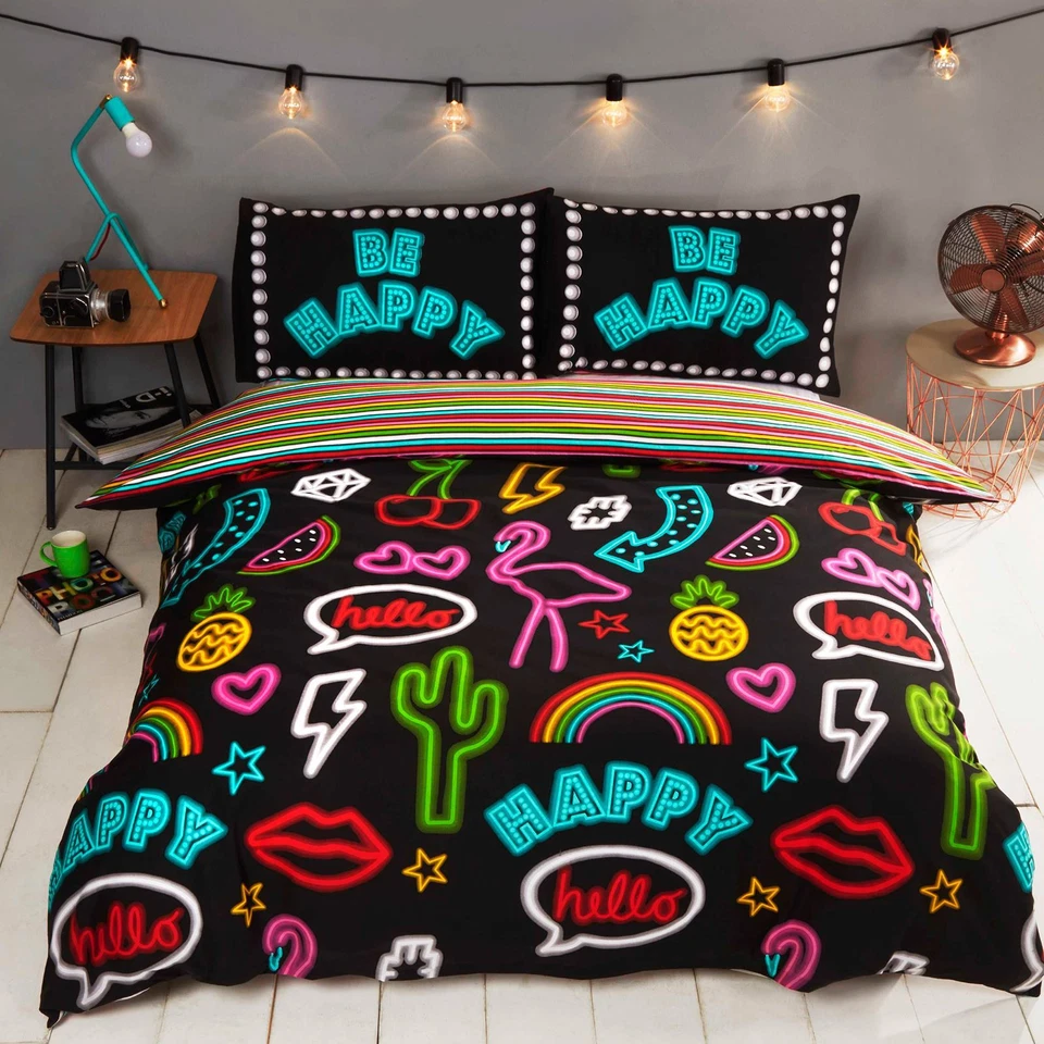 Be Happy Neon Double Duvet Cover and Pillowcase Set Teenager Bedding Rapport