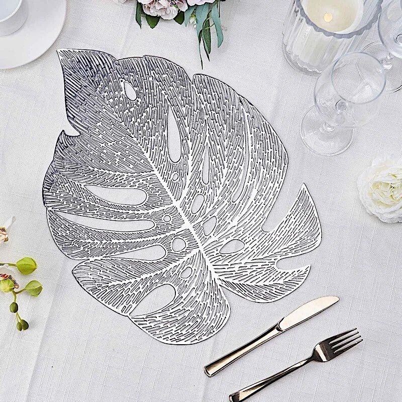 6 SILVER 18" Tropical Monstera Leaf Metallic Vinyl PLACEMATS Wedding Decorations - Image 1 of 4