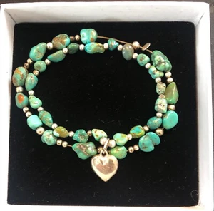 AUTHENTIC HOPI GREEN/BLUE TURQUOISE BRACELET W/ SILVER HEART BOBLE - Bild 1 von 5