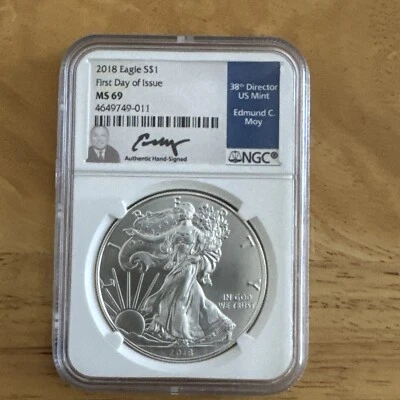 2018 W NGC FDOI MS69 EDMUND MOY SIGNED 38TH DIRECTOR U.S. MINT SILVER EAGLE - Image 1 of 2