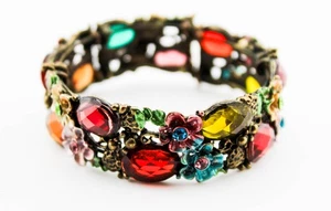 VINTAGE ESTATE LARGE MULTI COLOR FLOWER RHINESTONE BRACELET - Picture 1 of 4