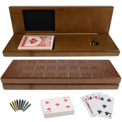 WE Games 3 Track Cribbage Board Game Set with Storage, Walnut Stained Wood - Image 1 of 4
