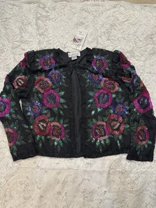 Neu mit Etikett Vintage Laurence Kazar geblümte Seidenjacke Damen Medium Pailletten Perlen 80er 90 - Bild 1 von 5
