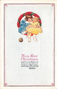 WEIHNACHTSPOSTKARTE KLEINES MÄDCHEN MIT GROSSER PUPPE EINLADUNG ZU MIR NACH HAUSE ZU KOMMEN 110625 - Bild 1 von 2