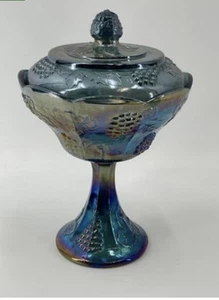 Vintage Blue Indiana Harvest Grape Carnival Glass Pedestal Candy Dish w/lid 10” - Picture 1 of 4