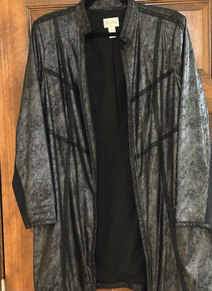 Chico’s Black Dressy Jacket Metallic - Long Coat  Sz 2 (equiv to sz 12 Large) - Image 1 of 4