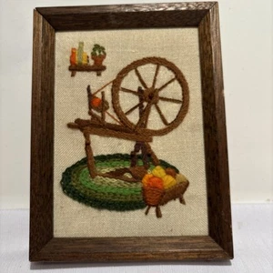 Vintage Embroidery Spindle Framed Picture Handmade MCM Cottage Boho - Picture 1 of 7
