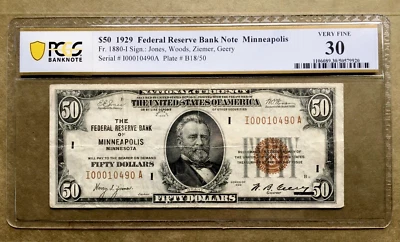 1929 $50 FRBN ~ MINNEAPOLIS ~ FR 1880-I [] PCGS30  Ser# I  00010490 A - Image 1 of 3