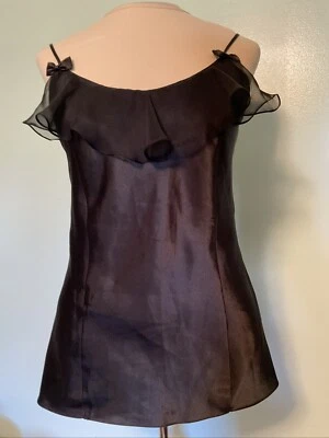 Top lencería vintage Erika Taylor negro satinado cami con volantes para mujer talla M Foto 1 de 4