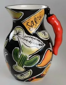 Brocca salsa arte argilla manico peperoncino rosso peperoni cactus margarita bevanda NUOVISSIMA - Foto 1 di 5