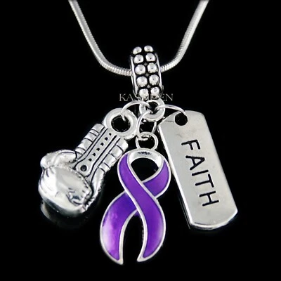 Purple Awareness Ribbon Pancreatic Testicular Thyroid Alzheimer's Faith Necklace - Image 1 of 4