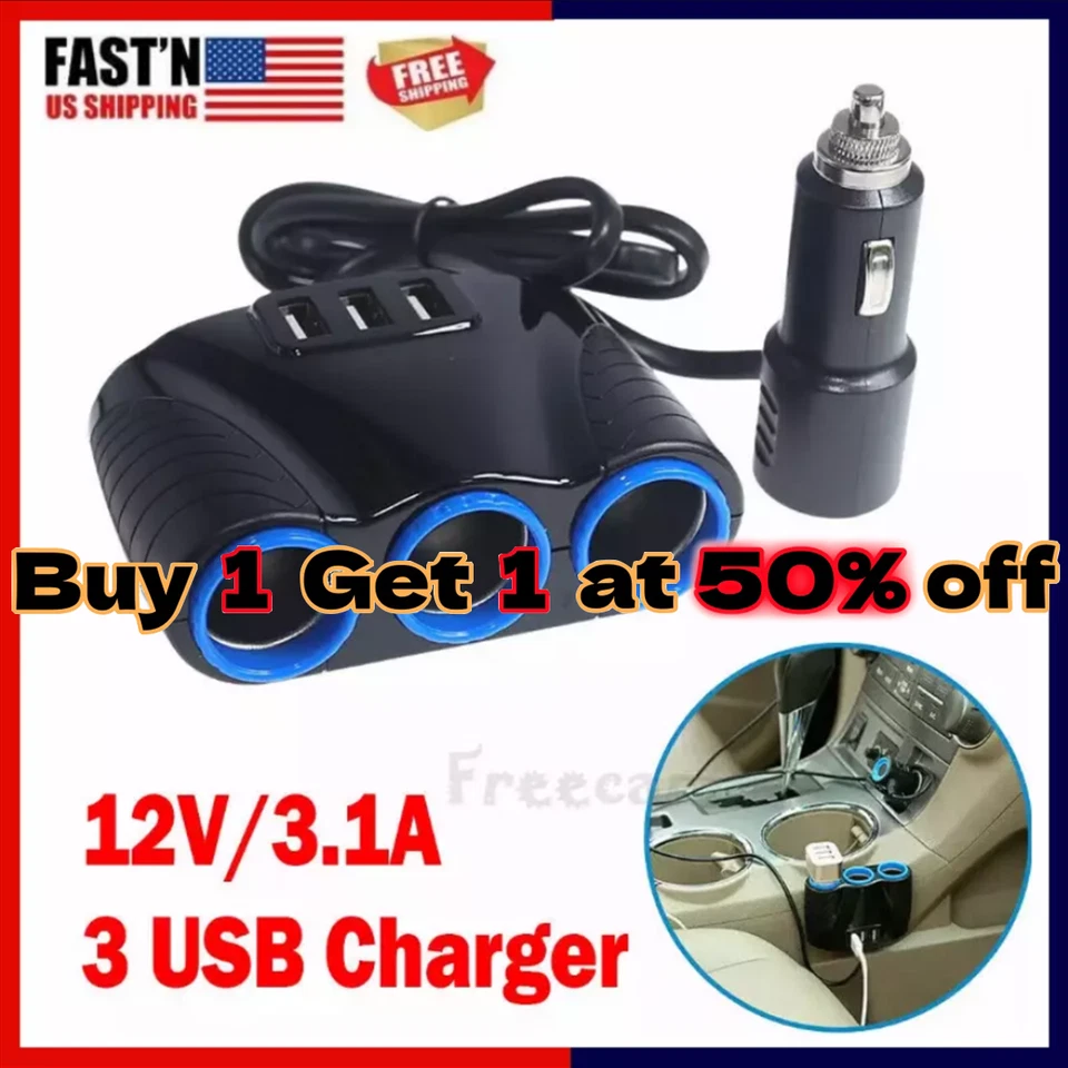 Car 12V Cigarette Lighter Socket Splitter 3.1A USB Charger Power Adapter Outlet - Image 1 of 4