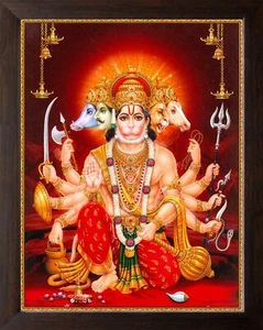 Panchmukhi Lord Hanuman Religious & Decor HD Picture Print In Wooden Frame - Picture 1 of 4