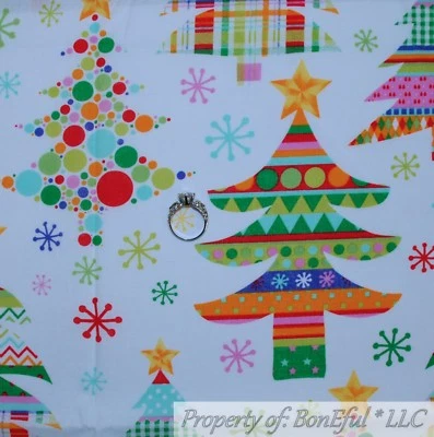 BonEful FABRIC FQ Cotton Quilt VTG White Red Green Snowflake Xmas Tree Star RARE - Image 1 of 4