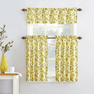 Curtain Sets With Valance Kitchen Window Drapes Tiers Rod Pocket Sunflower 3pc - Picture 1 of 7
