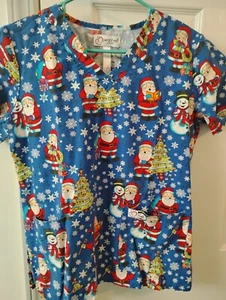 Peaches 2 Pocket Holiday Christmas Glitter Santa Scrub Top Size M - Picture 1 of 1