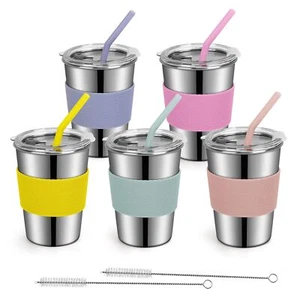 Kids Cups with Straws and Lids Spill Proof 5 Pack 12oz Stainless Steel Sippy ... - Picture 1 of 8