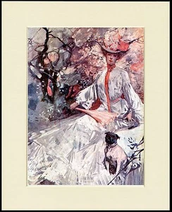PUG LITTLE DOG AND LADY IN A WHITE DRESS LOVELY PRINT MOUNTED READY TO FRAME - Picture 1 of 1