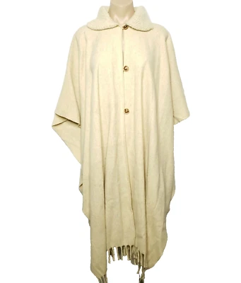 Vintage Beige Oatmeal Wool Blanket Poncho Cape Cream Long Sweater Knit Collar Foto 1 de 4